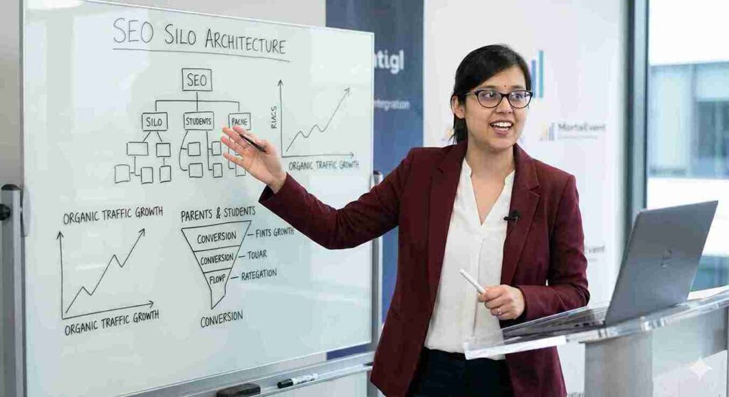 Digital marketing specialist presenting an SEO growth and lead generation strategy for coaching institutes