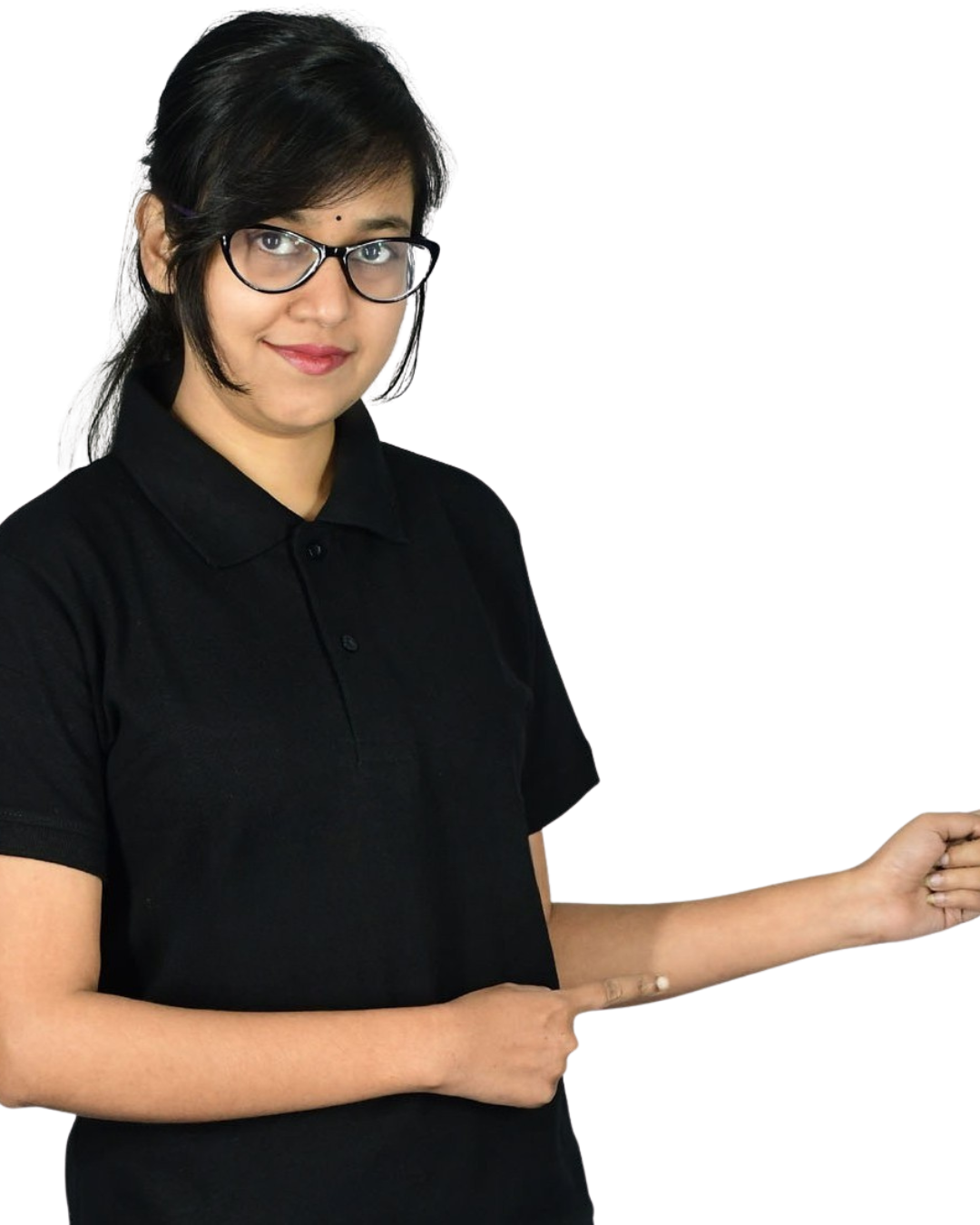 Female educator and digital marketer pointing to blank space for educational content or services